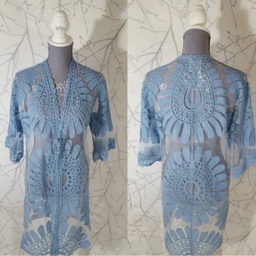 Forgotten Grace sky Blue Embroidered Lace Open Front Long Cardigan duster Lg.